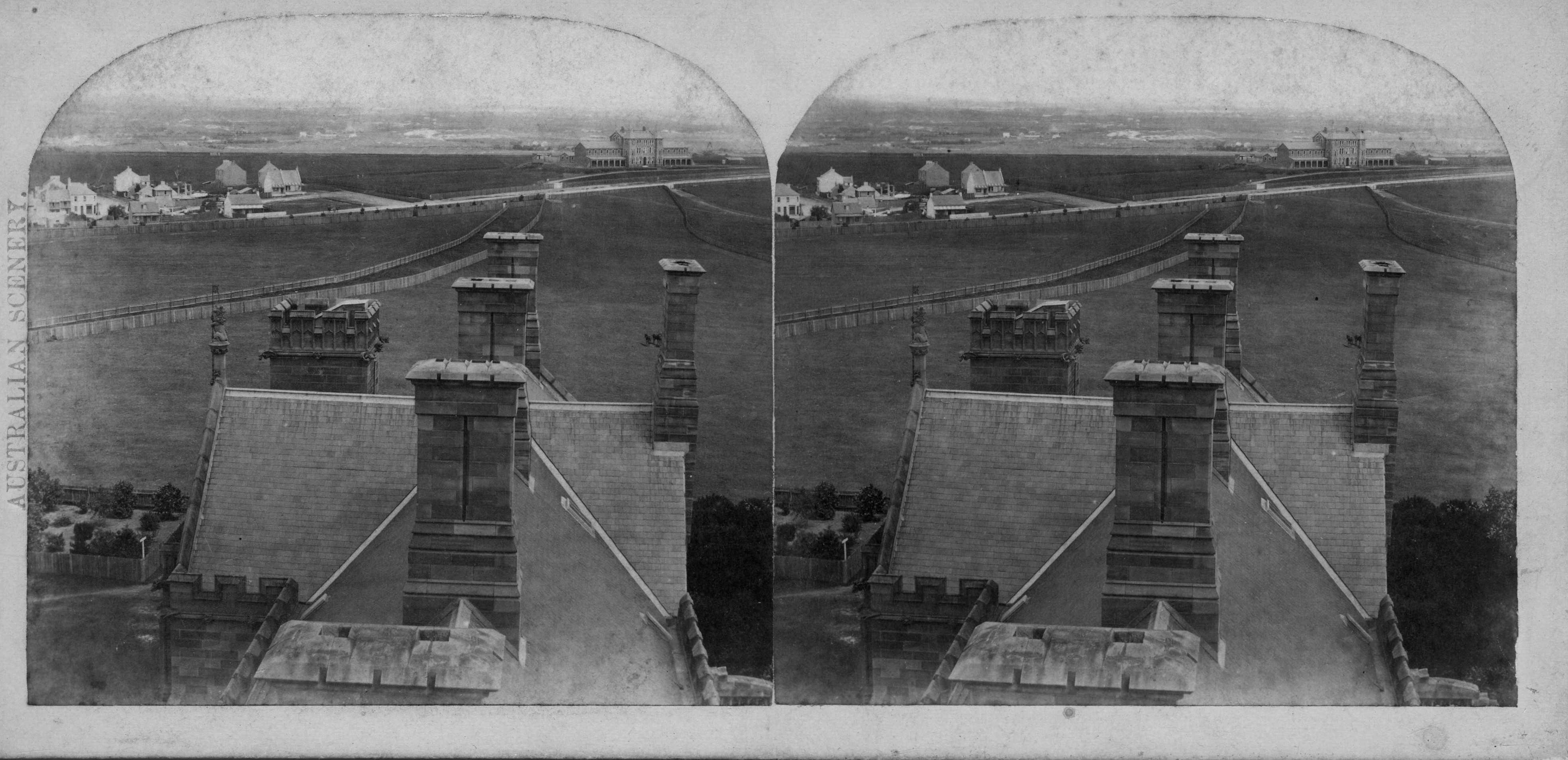 STEREO VIEW FROM CLOCK TOWER SHOWING ROOF OF MAIN BUILDING AND GROUNDS