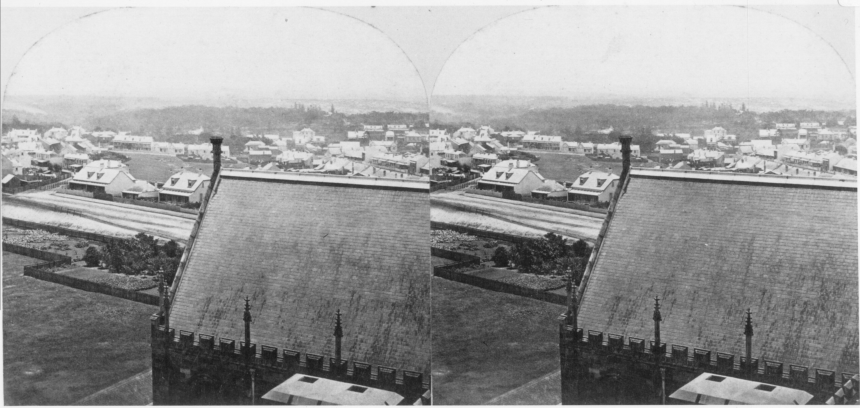 STEREO VIEW FROM CLOCK TOWER SHOWING ROOF OF GREAT HALL AND BEYOND