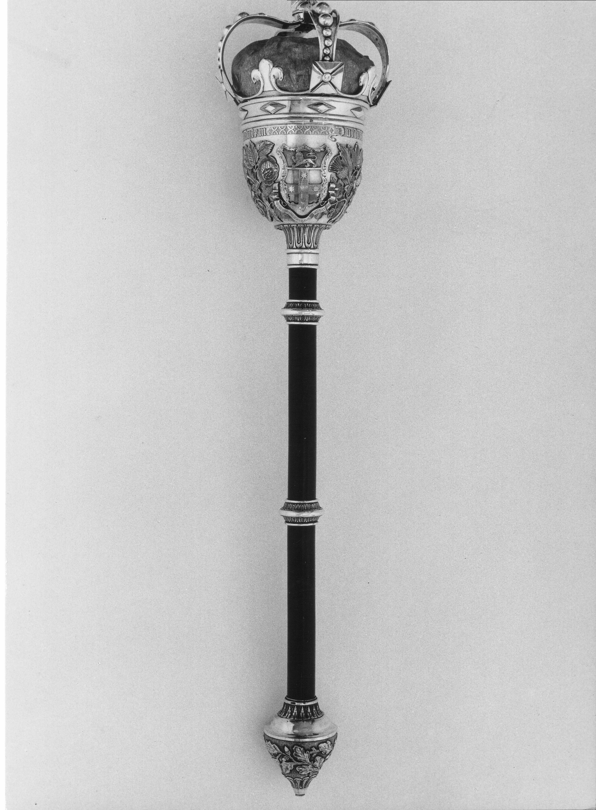 PHOTOGRAPHS OF THE UNIVERSITY MACE, INCLUDING DETAIL OF MAKERS MARK