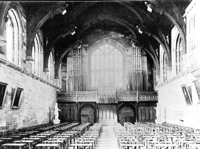 INTERIOR OF GREAT HALL SET FOR EXAMINATIONS